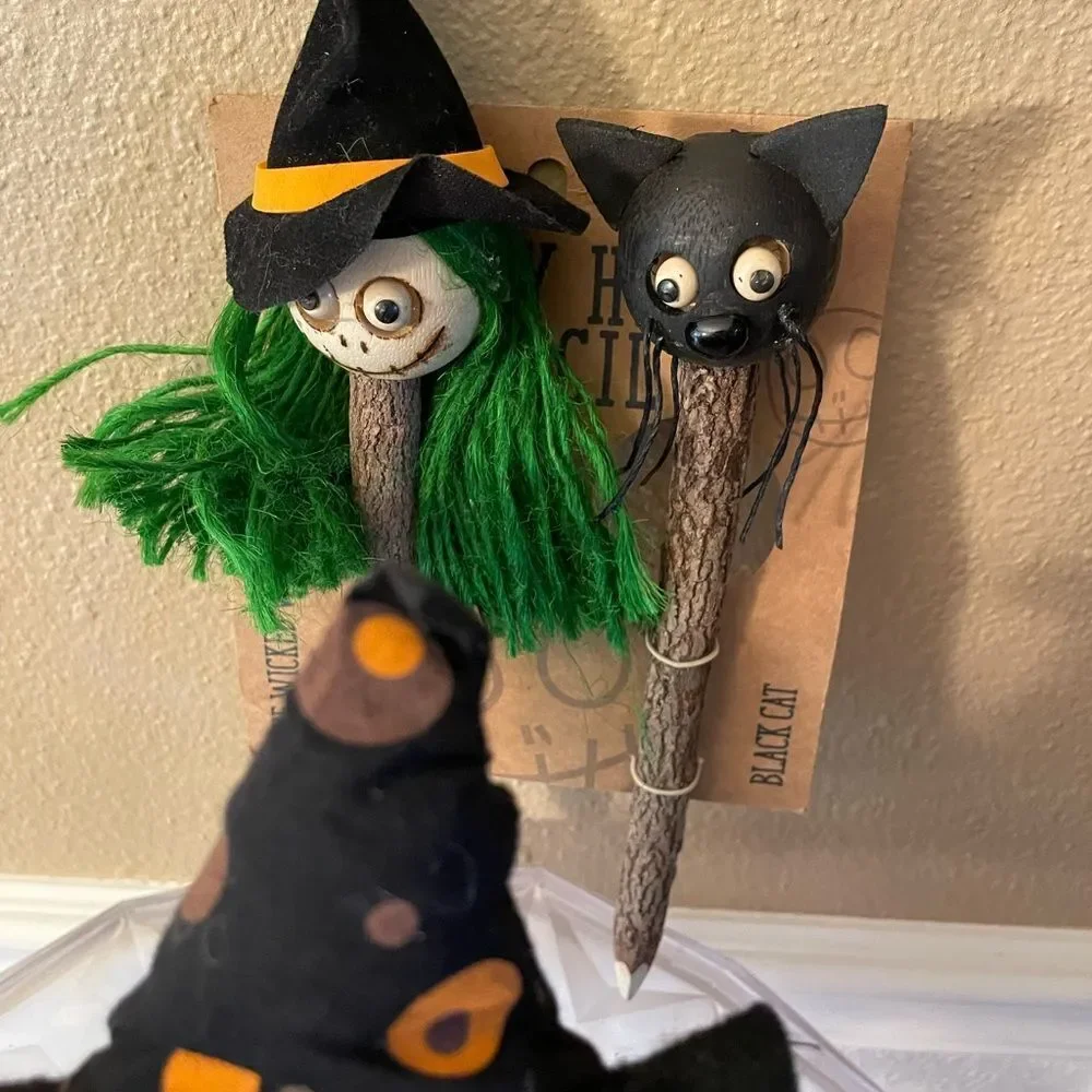Halloween Bean Bag Characters Witch Cat plus Halloween Pencils Decorations